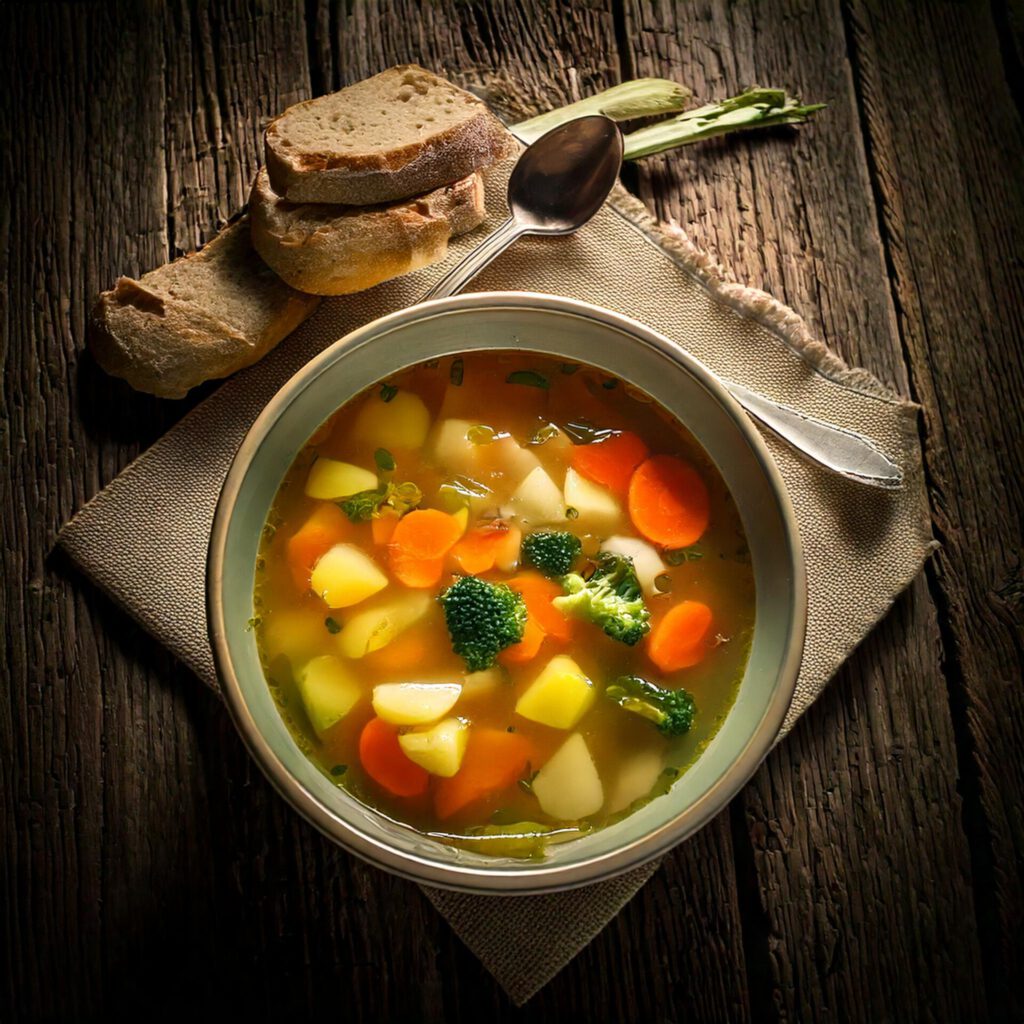 Das Bild zeigt eine Schüssel mit einer Suppe mit Gemüse und daneben liegen drei Scheiben Buagette